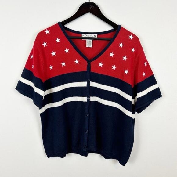 Vintage Norton Studio American Flag Patriotic Printed Short Sleeve Sweater Large - Picture 2 of 5